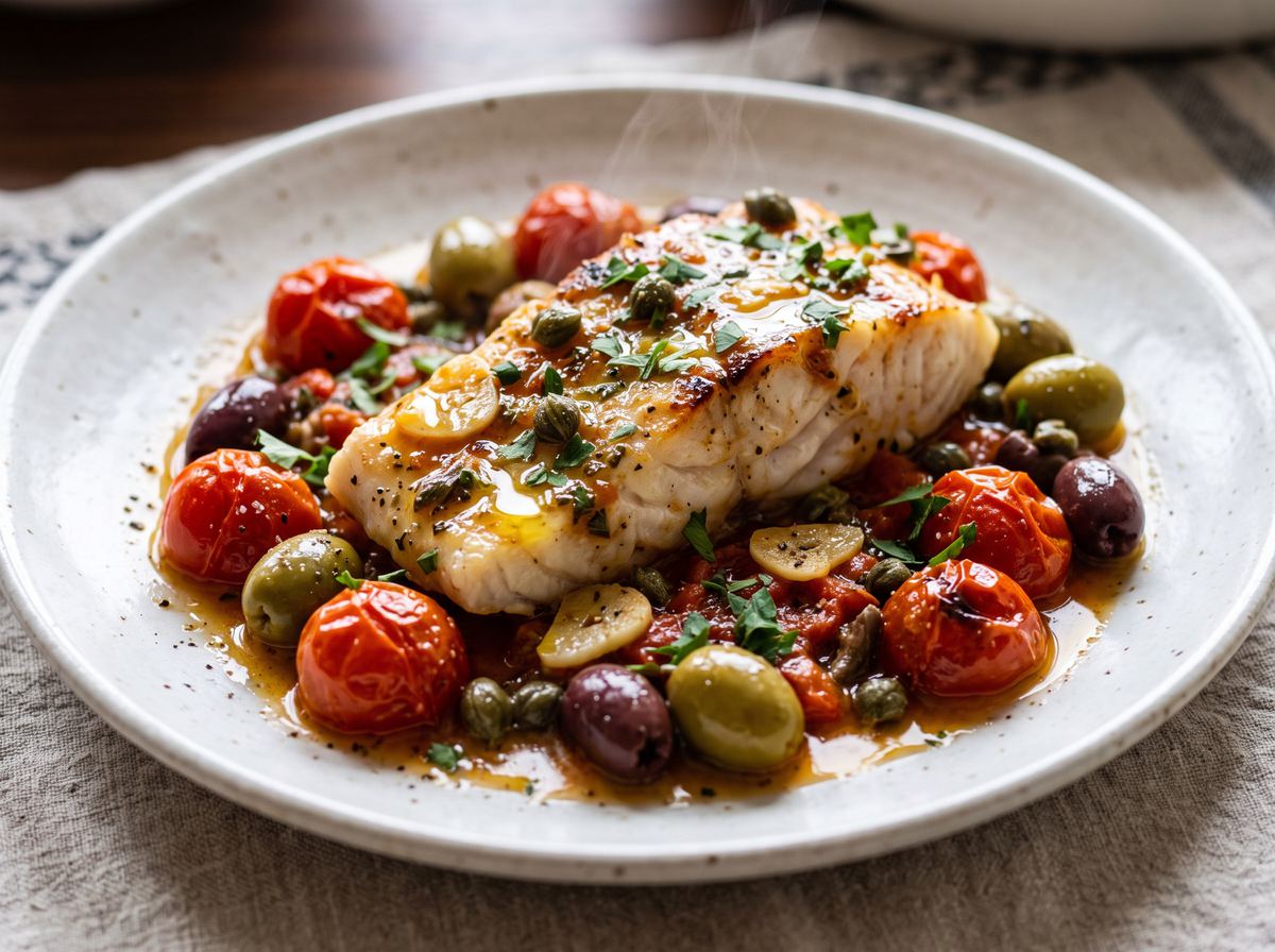 Baked Fish with Tomatoes, Olives & Capers
