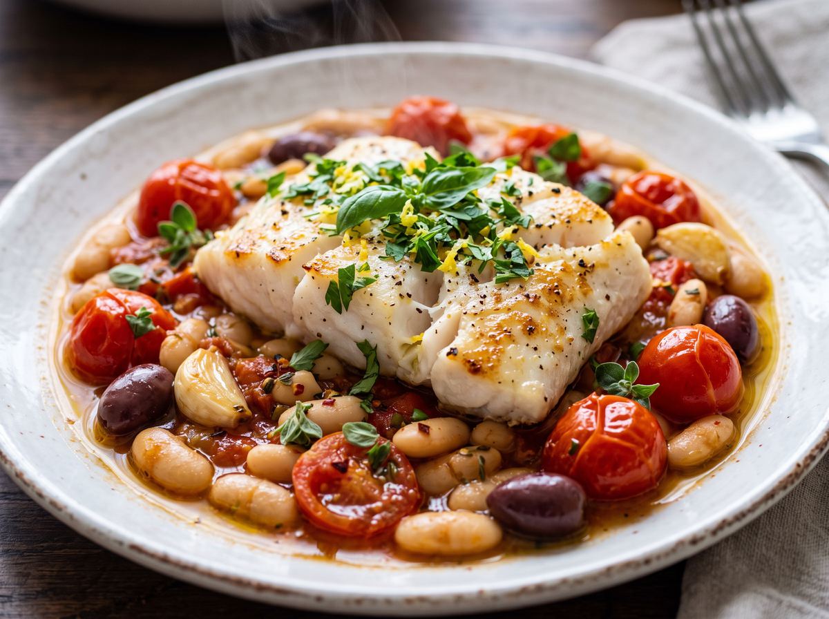 One-Pan Fish with Cannellini & Cherry Tomatoes