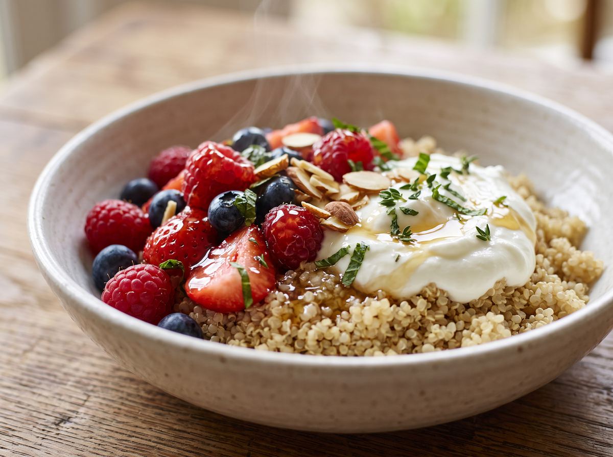 Quinoa Breakfast Bowl with Yogurt & Seasonal Fruit