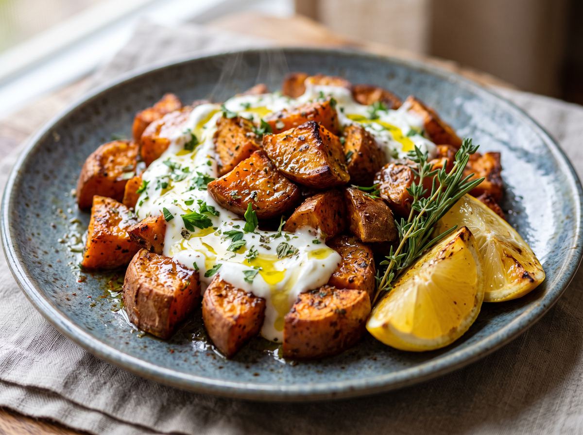 Roasted Sweet Potatoes with Olive Oil, Herbs & Yogurt