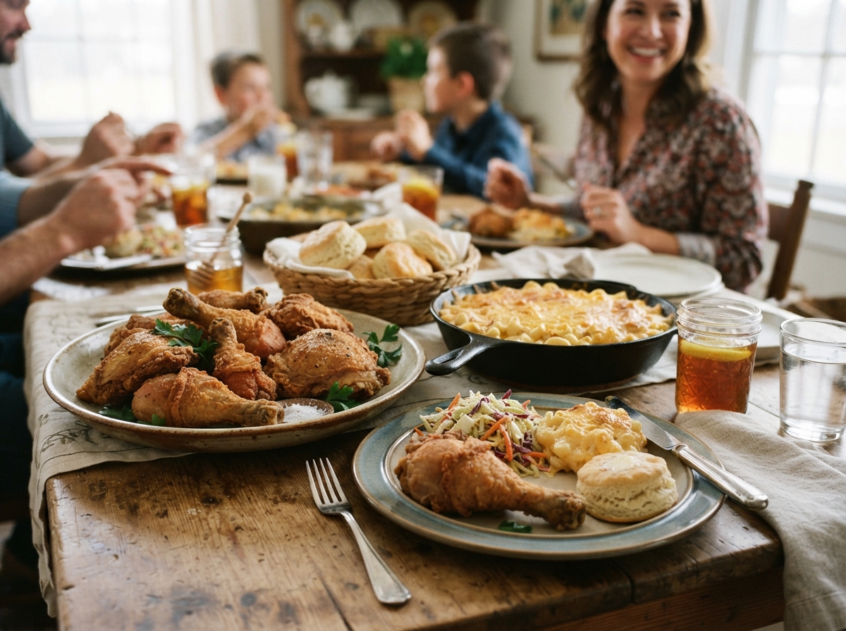 Fried chicken with biscuits and slaw.