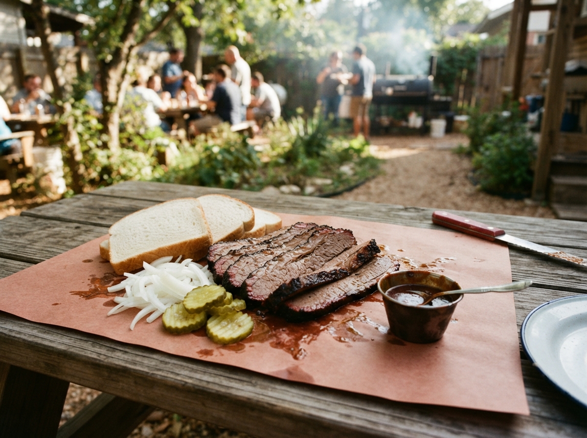 Brisket with pickles and white bread.