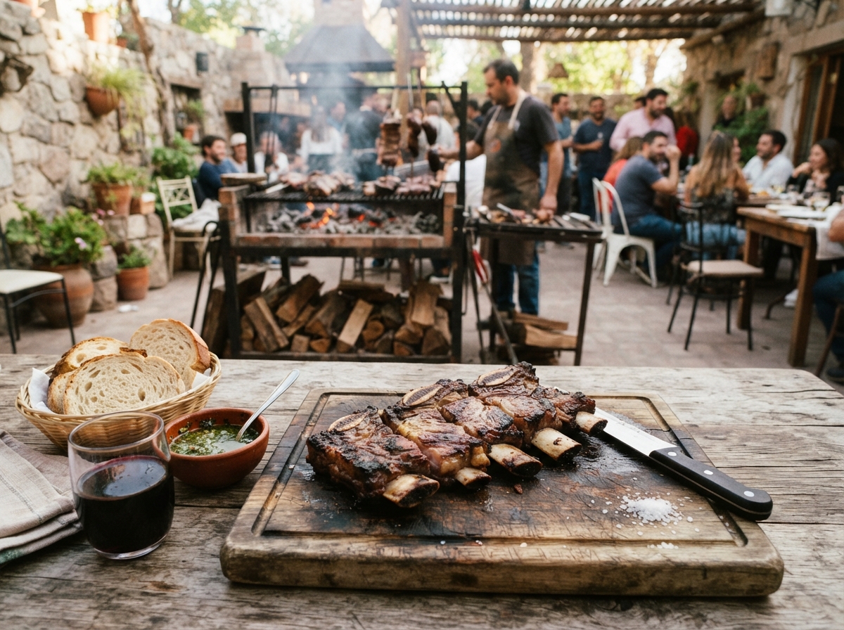 Asado de tira and choripán with chimichurri.