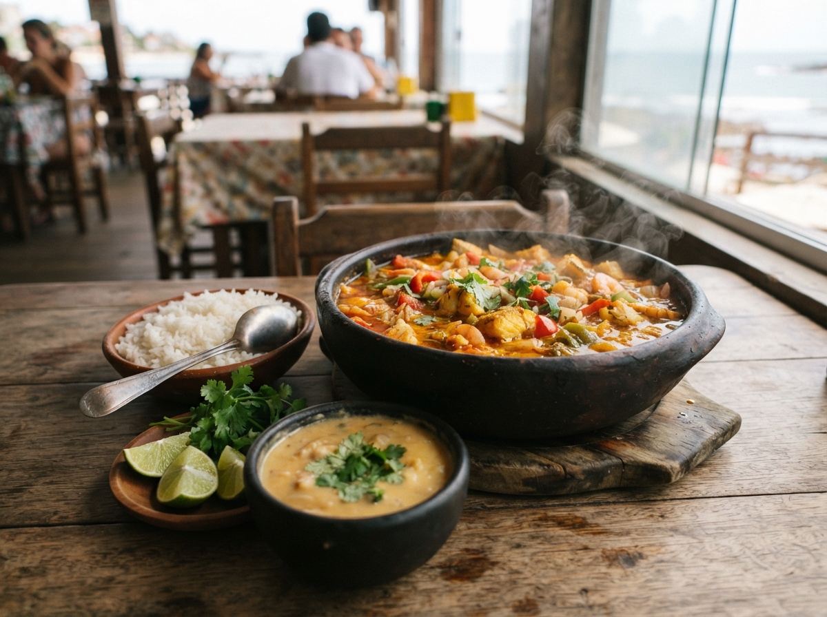 Moqueca with rice and pirão.