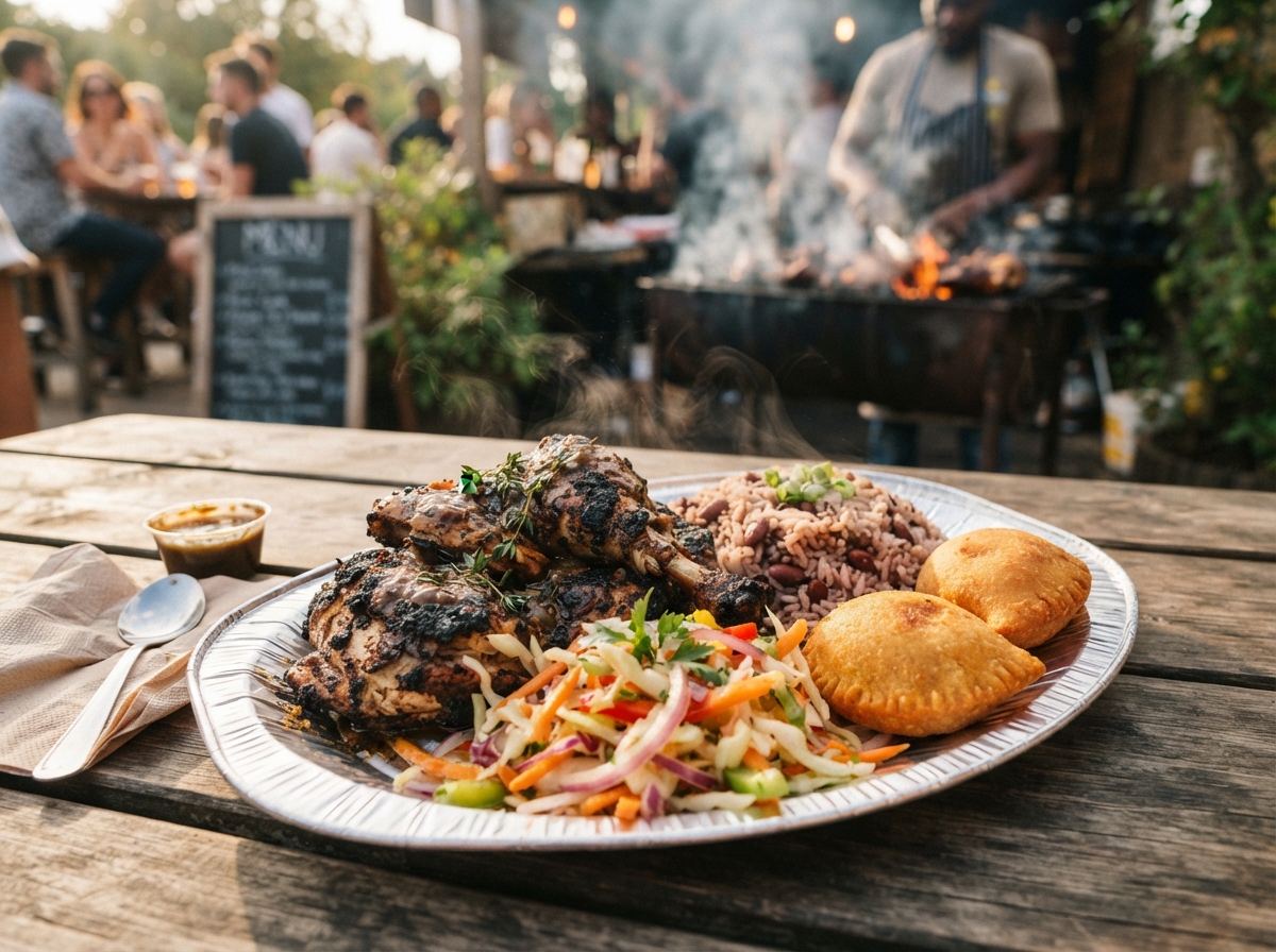 Jerk chicken with rice and peas.