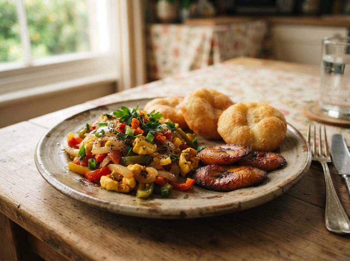 Ackee and saltfish with plantain.