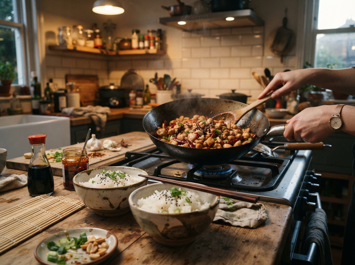 Kung pao chicken with rice.
