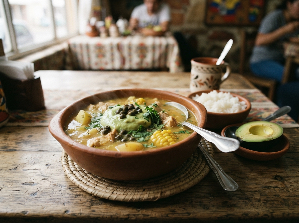 Ajiaco with avocado and capers.