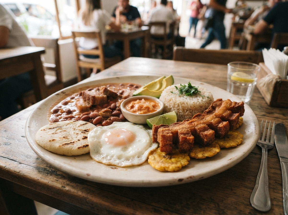 Bandeja paisa assembled on one plate.