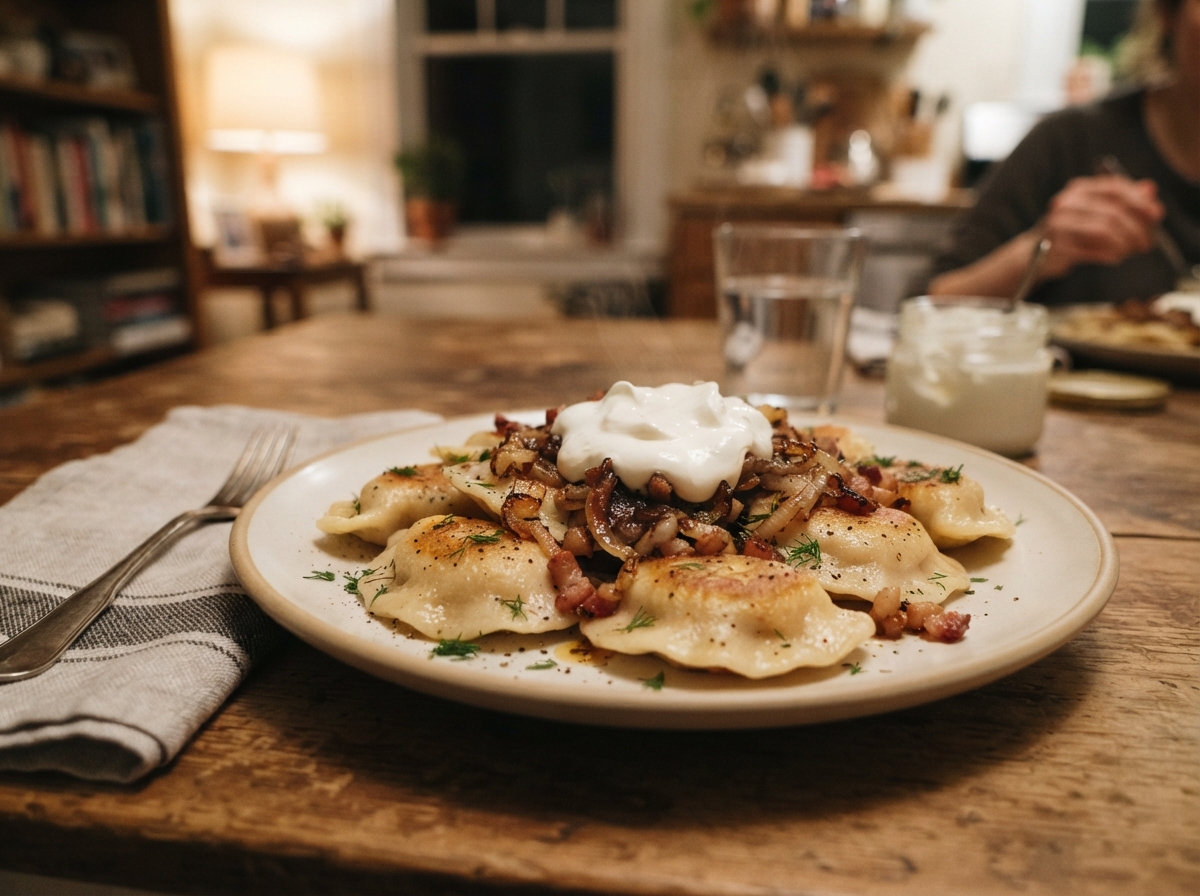 Potato pierogi with sour cream.