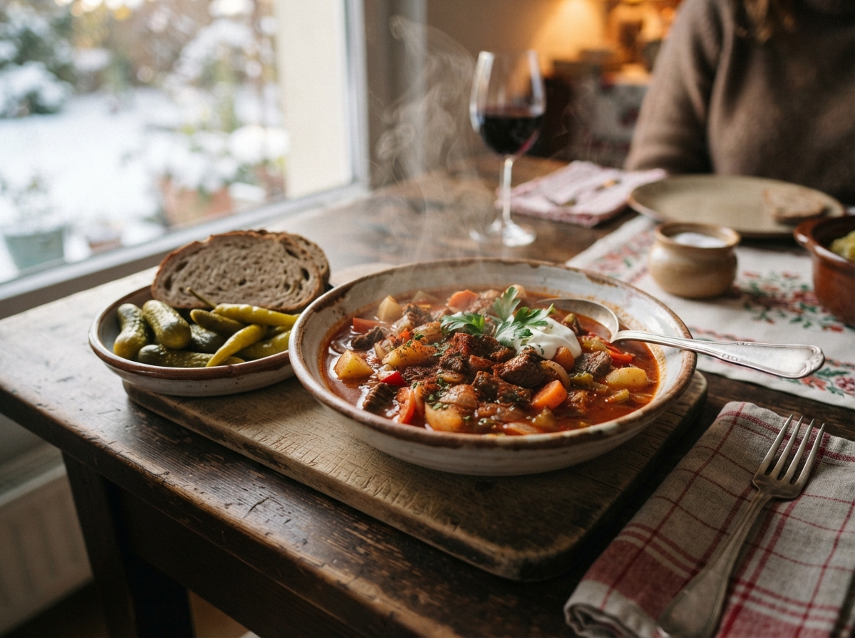 Hungarian goulash with bread.