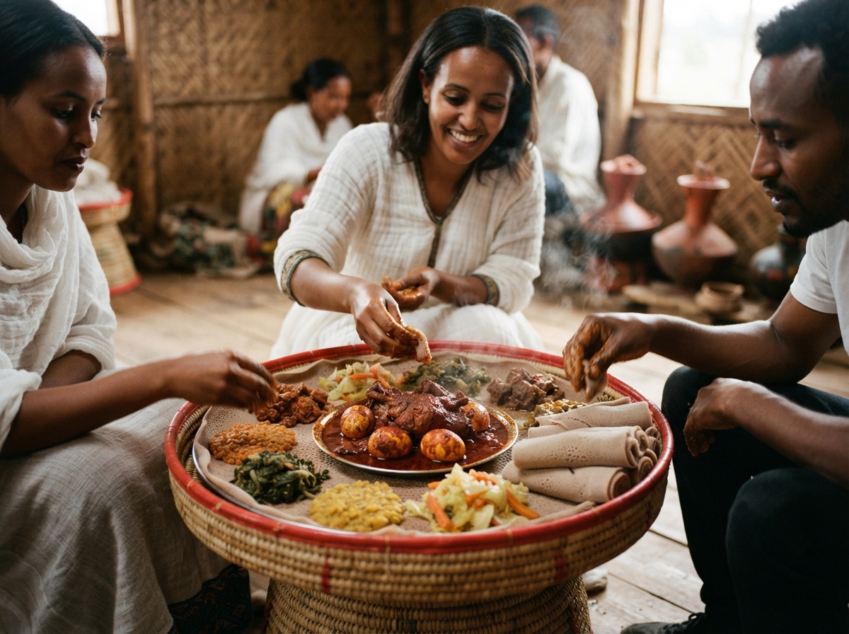 Doro wat with eggs on a communal injera platter.
