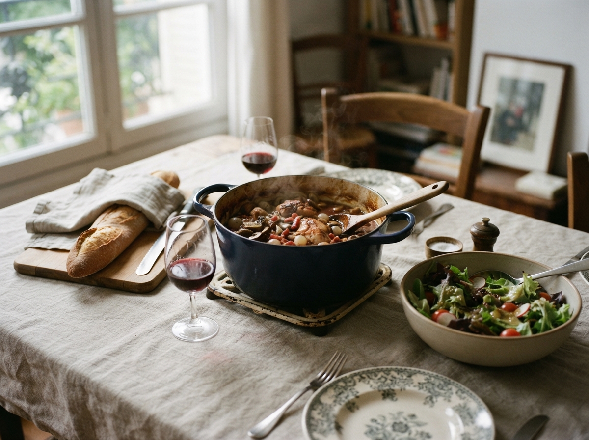Coq au vin in a cocotte with baguette and wine.