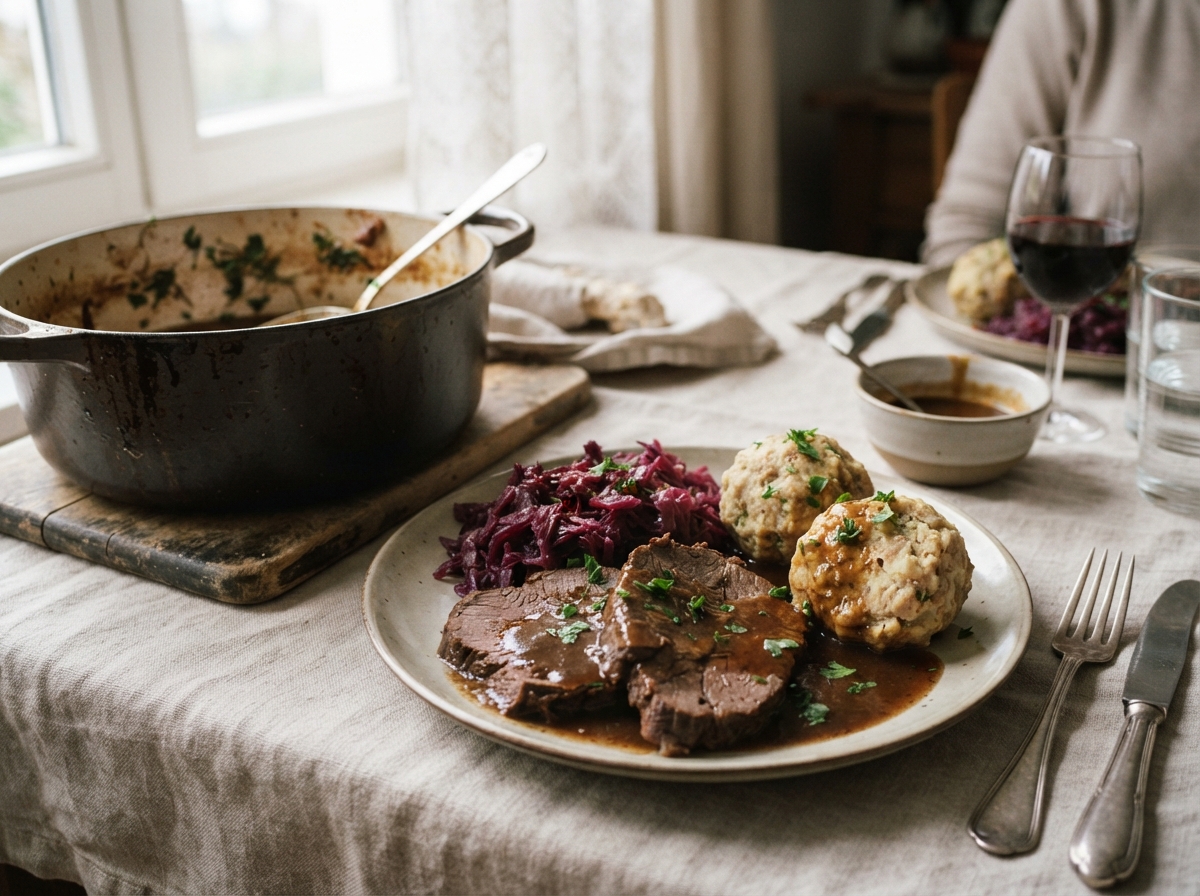 Sauerbraten with red cabbage and dumplings on a German Sunday table.