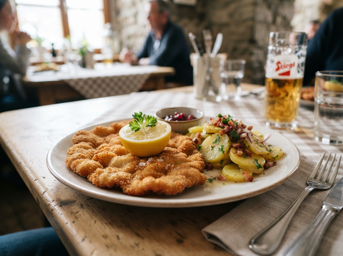 Wiener schnitzel with lemon and potato salad.