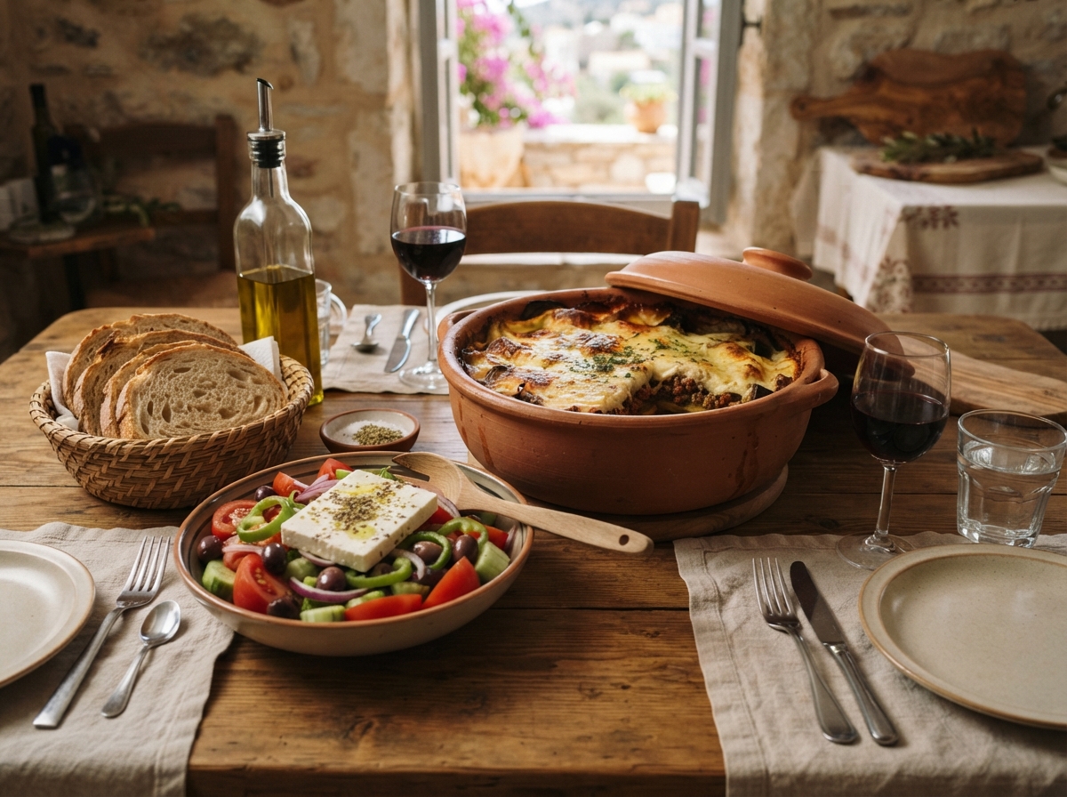 Moussaka with Greek salad.