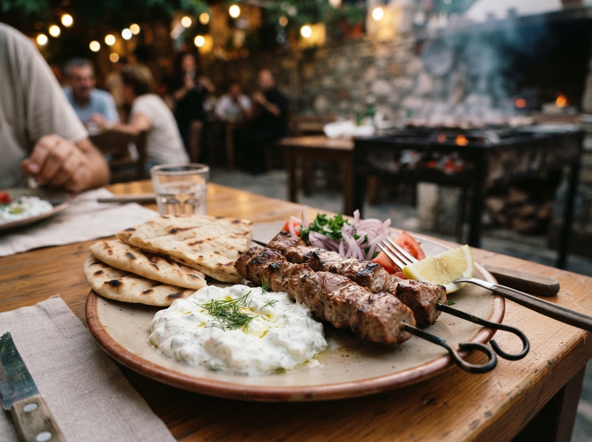 Souvlaki with pita and tzatziki.