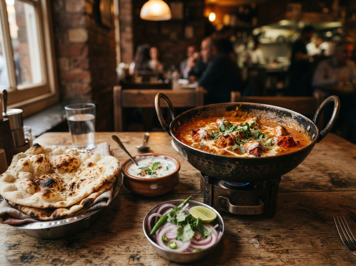 Butter chicken with naan and raita.