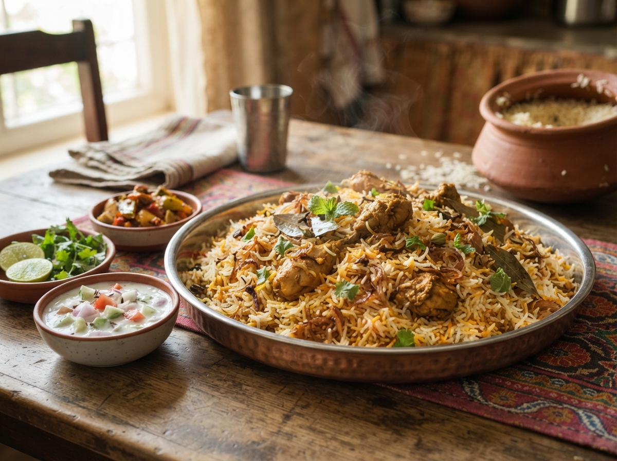 Chicken biryani with raita.