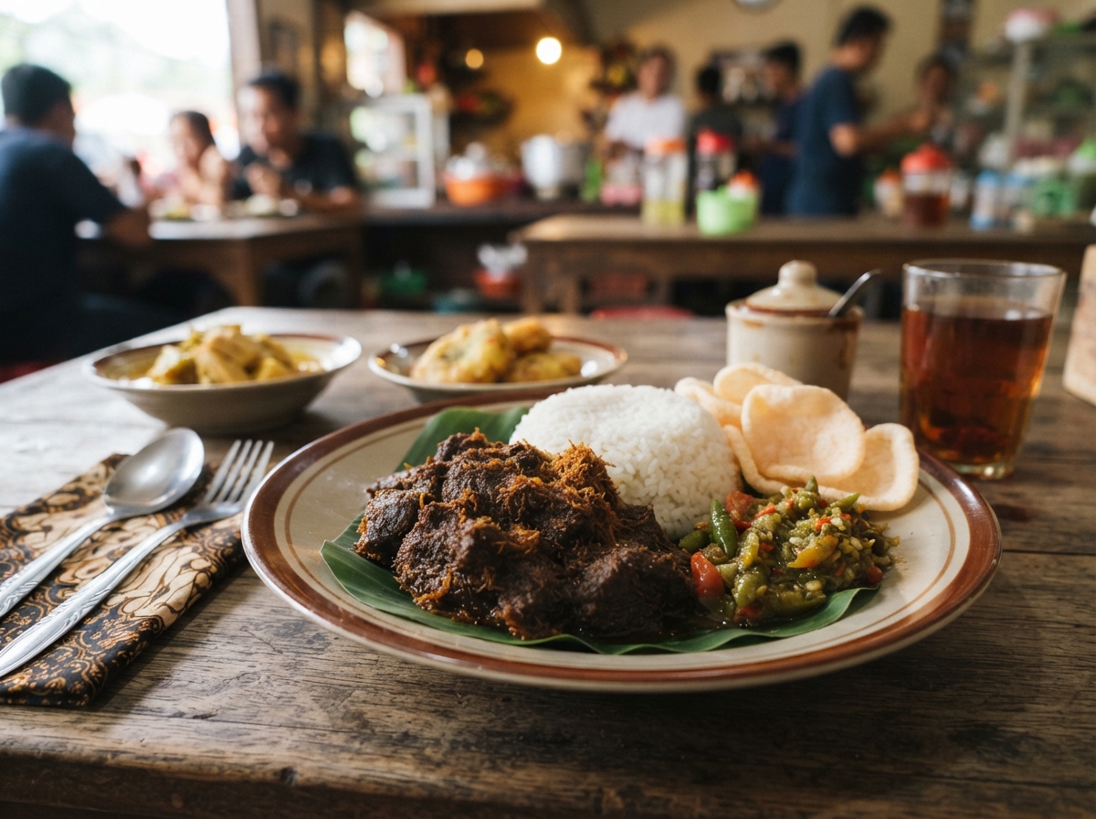 Beef rendang with rice.