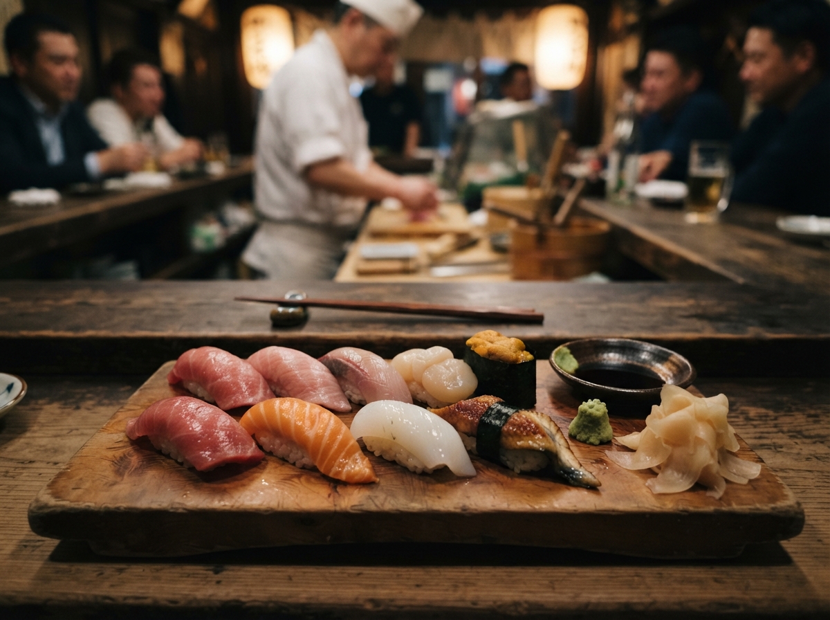 Nigiri with ginger and soy.