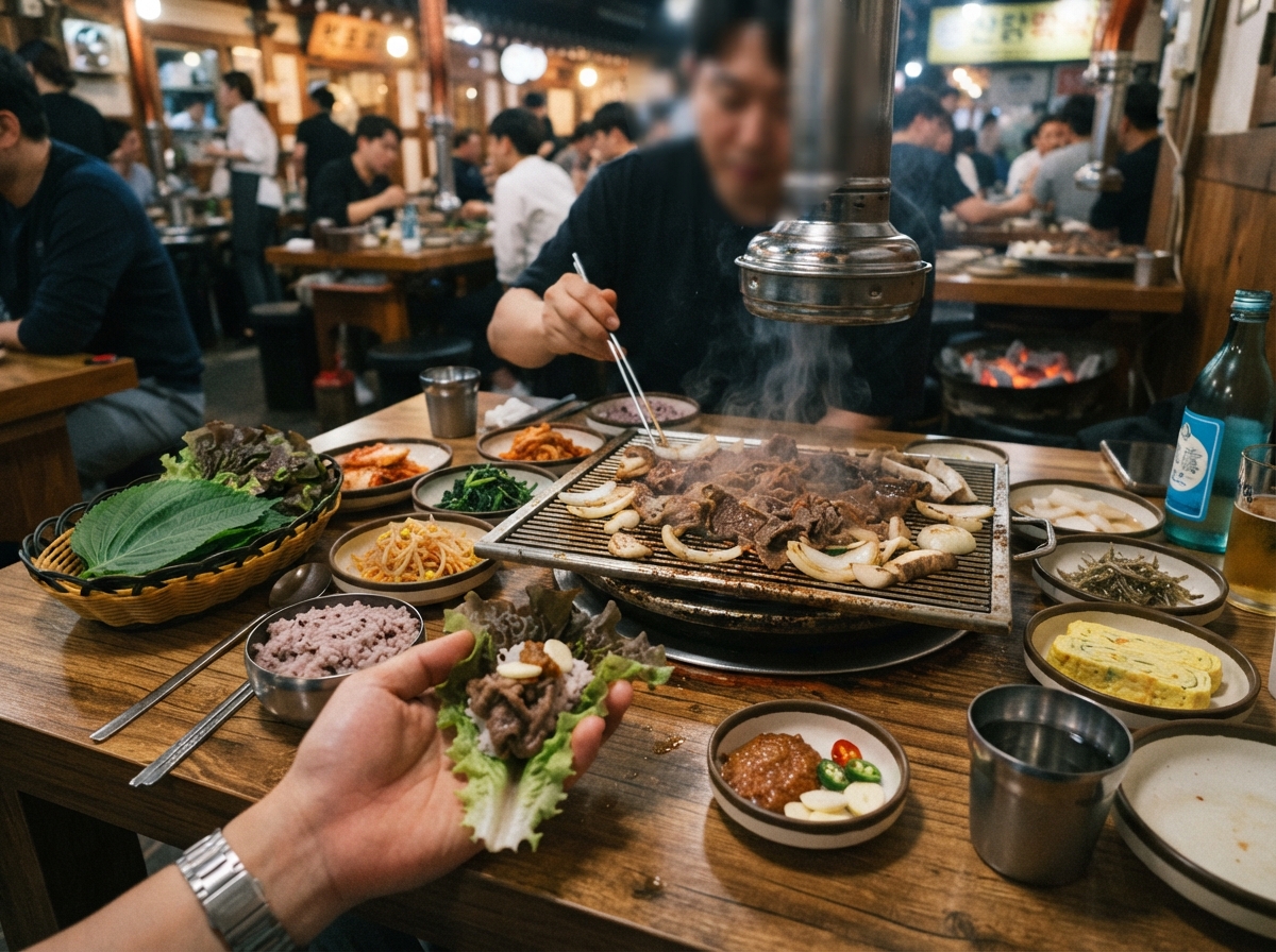 Bulgogi with lettuce and banchan.