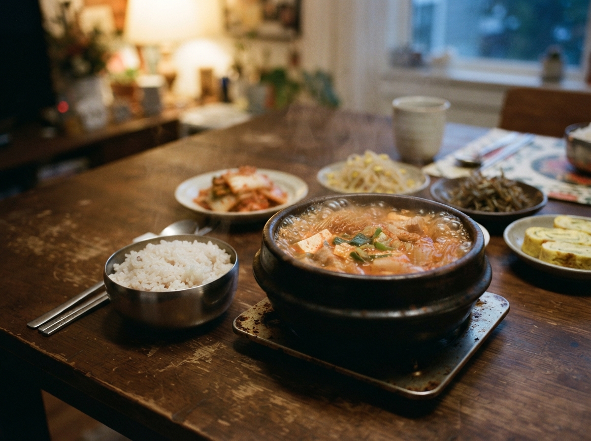 Kimchi jjigae with rice.
