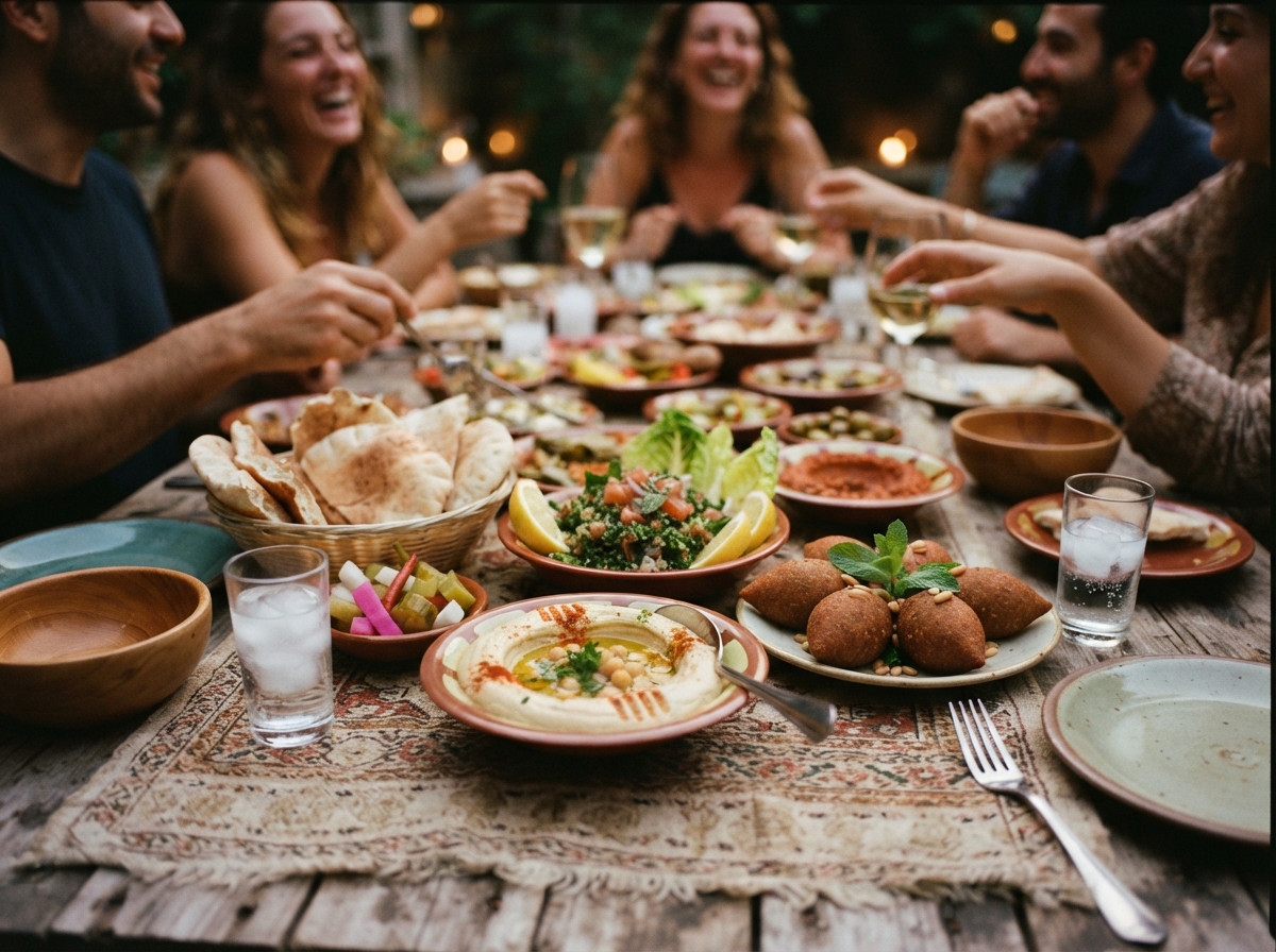 Lebanese mezze with hummus, tabbouleh, and kibbeh.