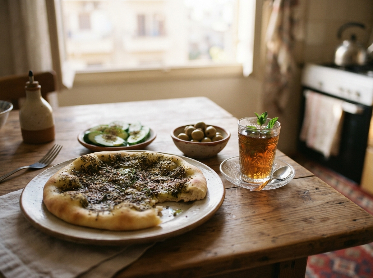 Zaatar manakish with tea.