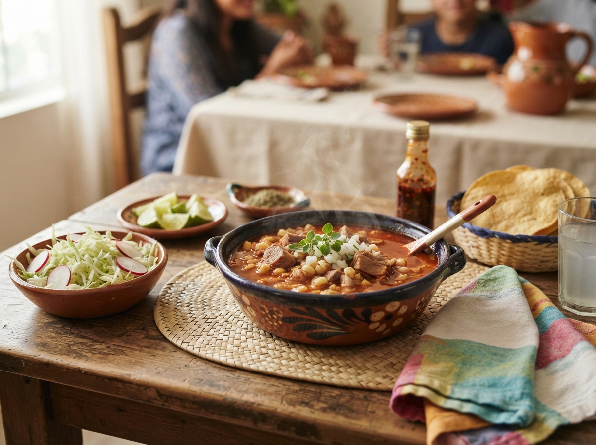 Pozole rojo with cabbage, radish, lime, oregano, and tostadas. No tacos and no mole.