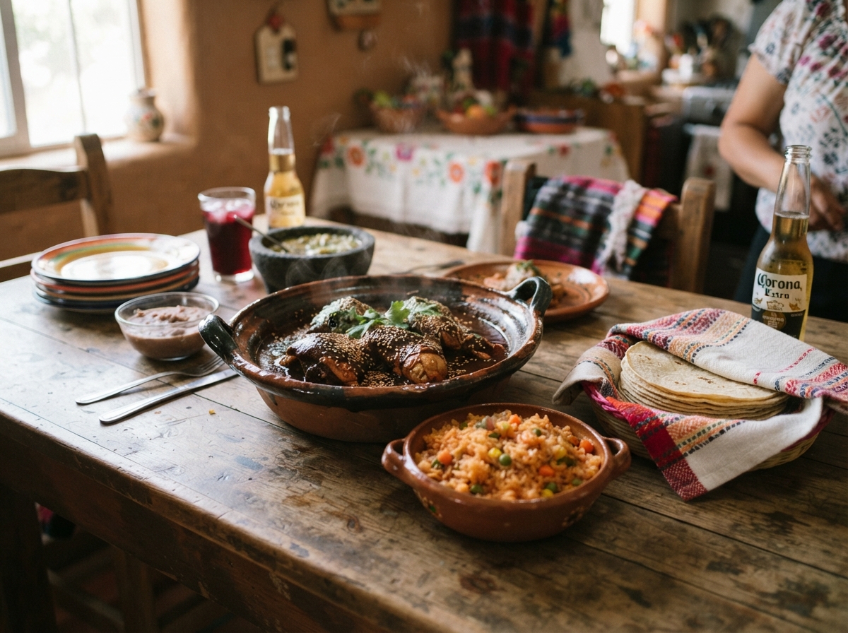 Mole poblano over chicken with sesame, rice, and warm tortillas on a Mexican table.