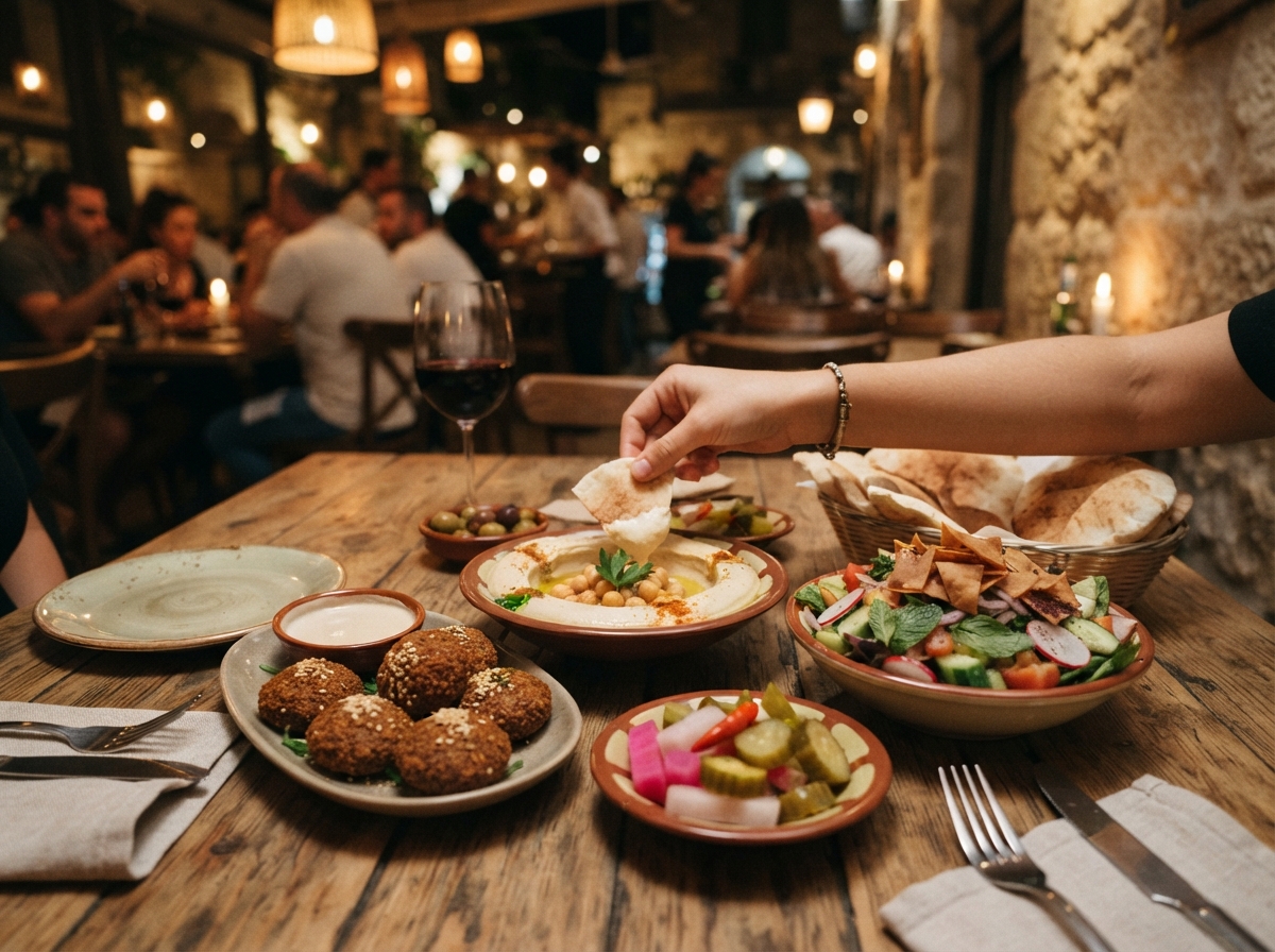 Falafel, hummus, and fattoush on one mezze table.