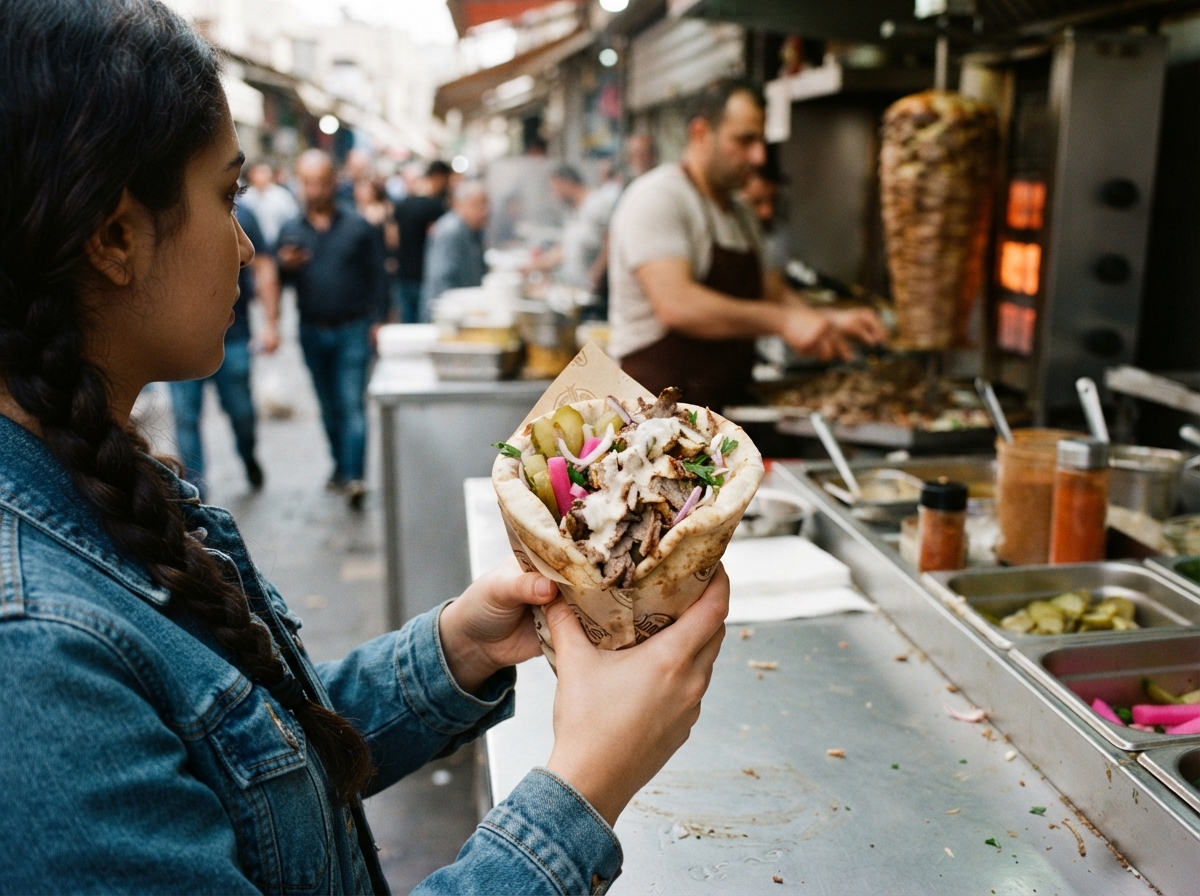 Lamb shawarma with pita and pickles.