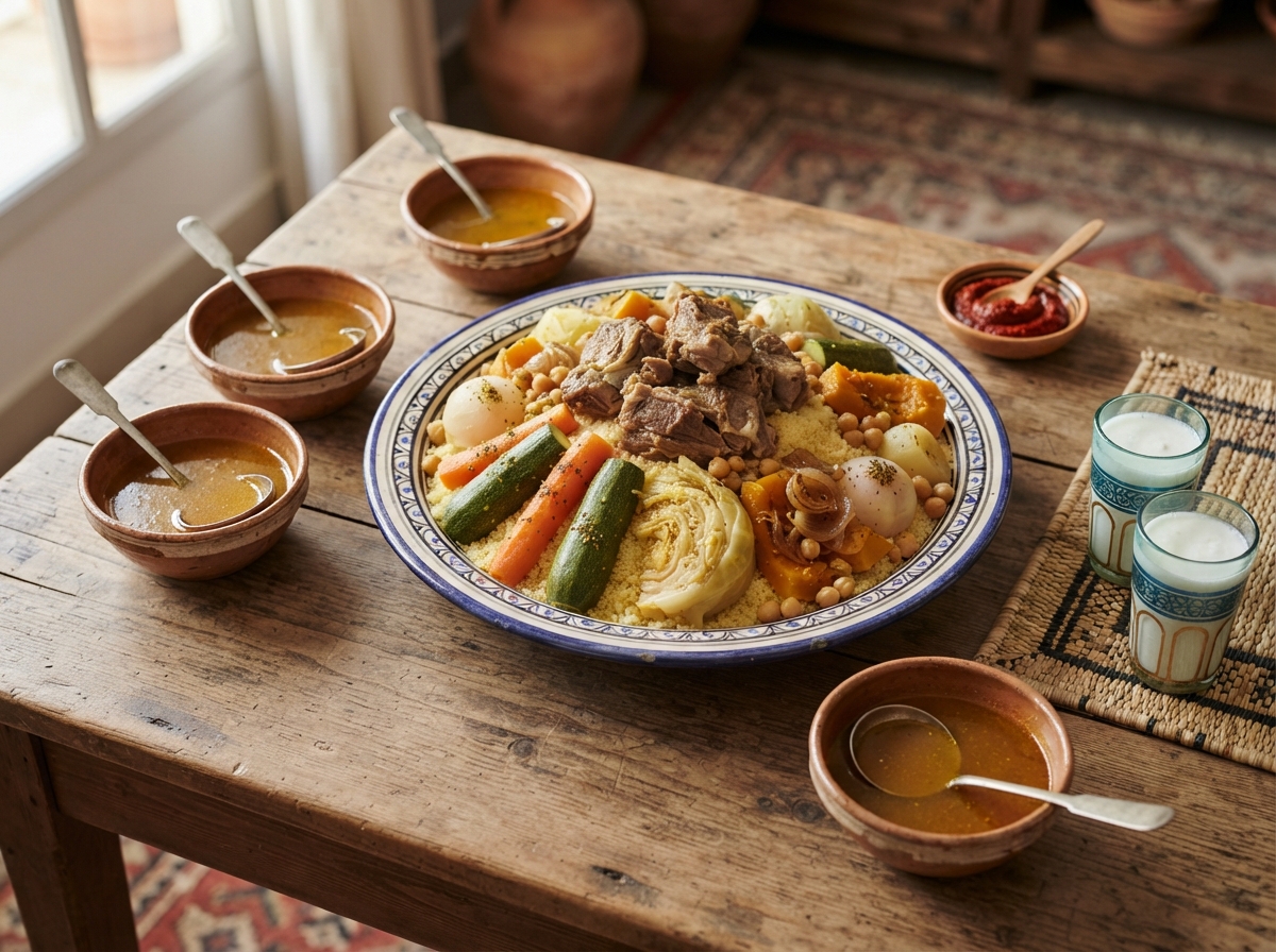 A Friday couscous platter: a communal mound of grain with vegetables and meat, small bowls of marka broth, no bread and no soup.