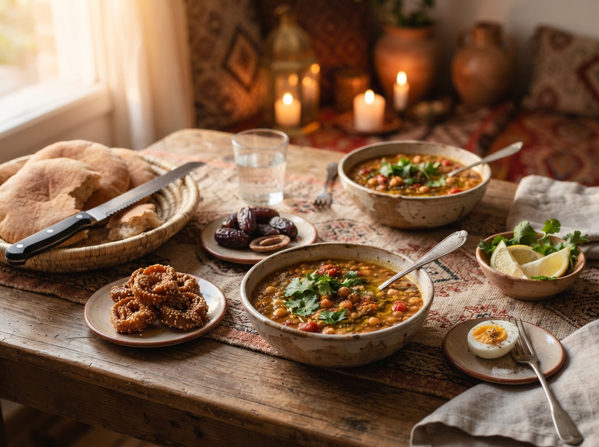 A Moroccan harira table: bowls of soup, lemon wedges, dates, chebakia, and bread. No couscous platter.