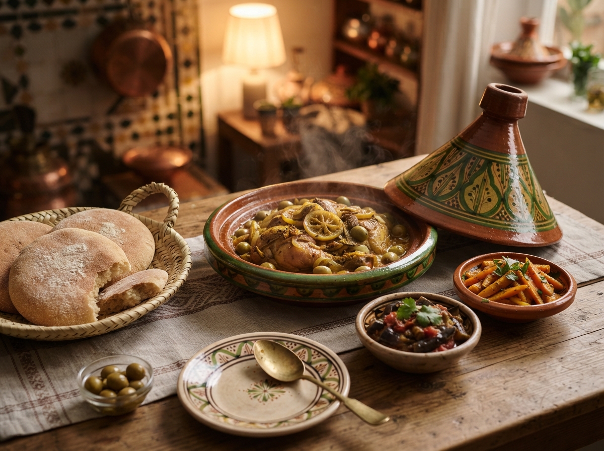 A weeknight Moroccan tagine of chicken with olives and preserved lemon, a basket of khobz, and a small salad. No couscous.