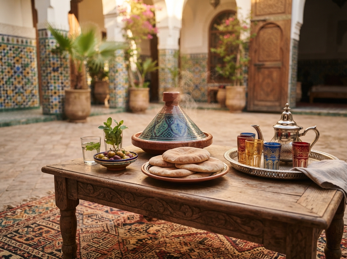 A traditional Moroccan courtyard table: a glazed tagine, stacked bread, mint, and tea glasses on a low cloth.