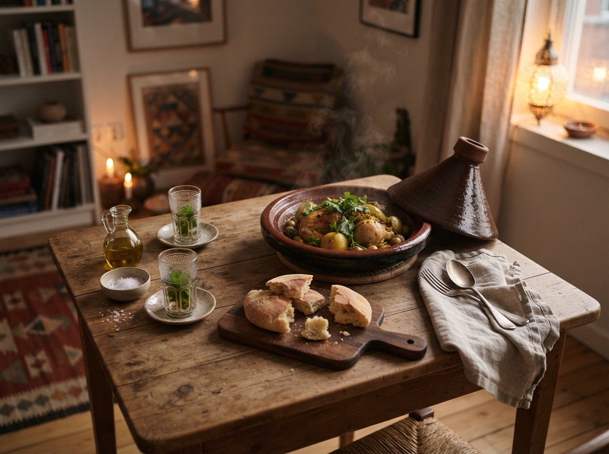 A modern weeknight Moroccan table: one tagine, bread, olive oil, and two tea glasses on a small apartment table.