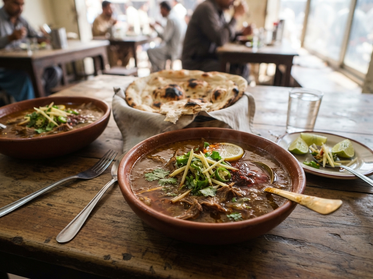 Nihari with naan and lemon.