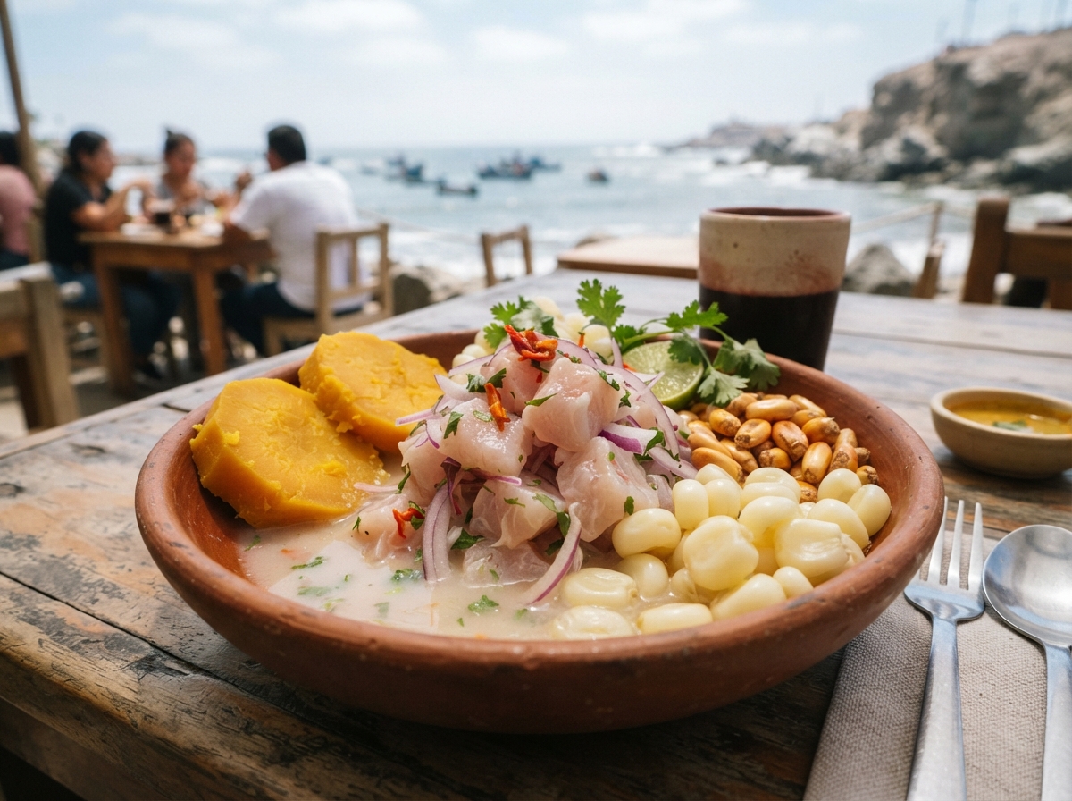 Peruvian ceviche with cancha, camote, and choclo.