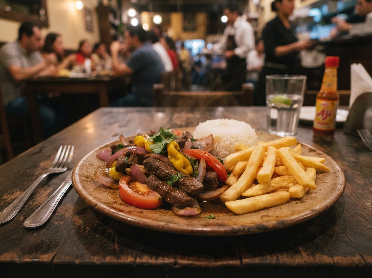 Lomo saltado with rice and fries.