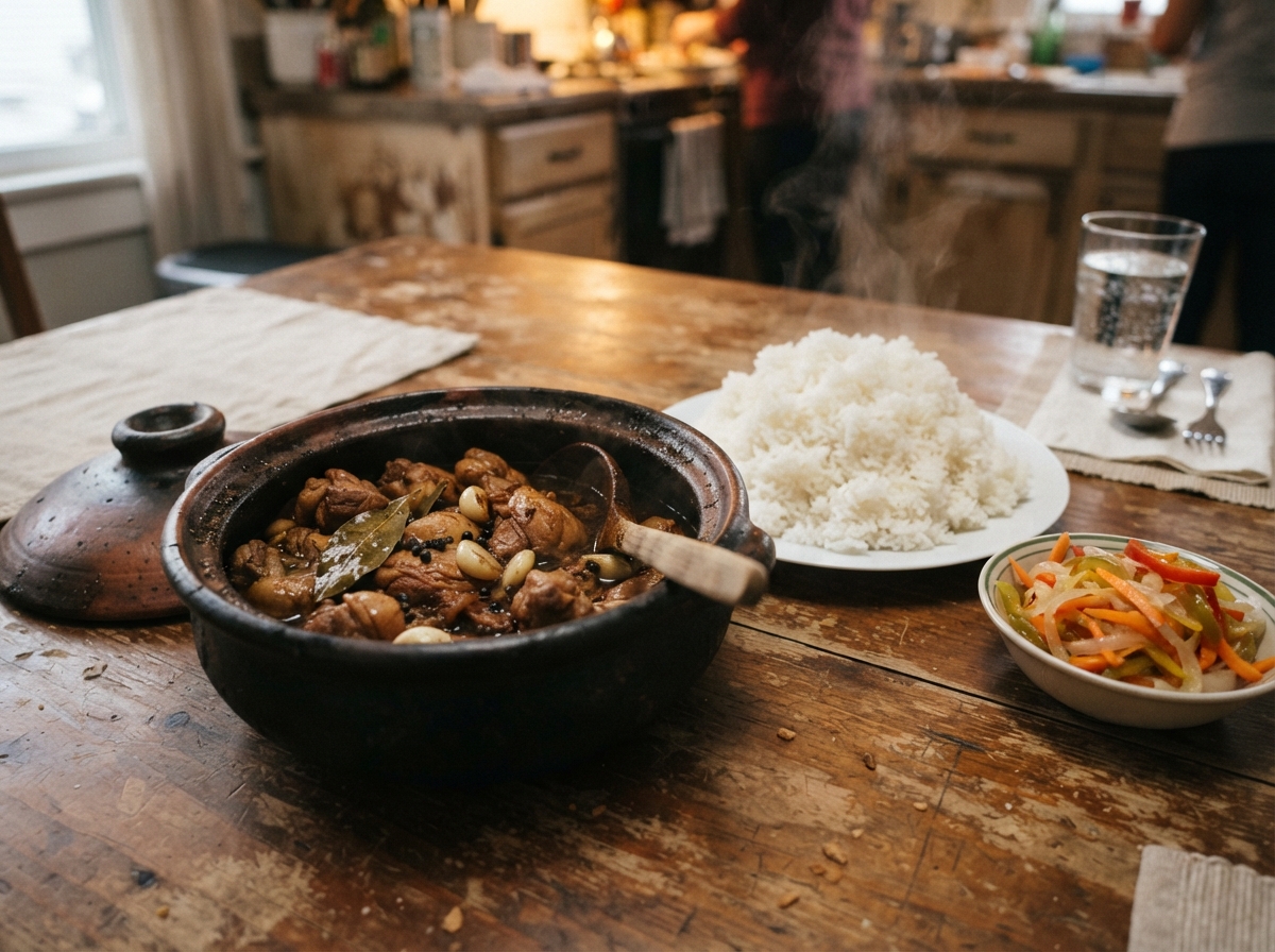 Chicken adobo with rice.