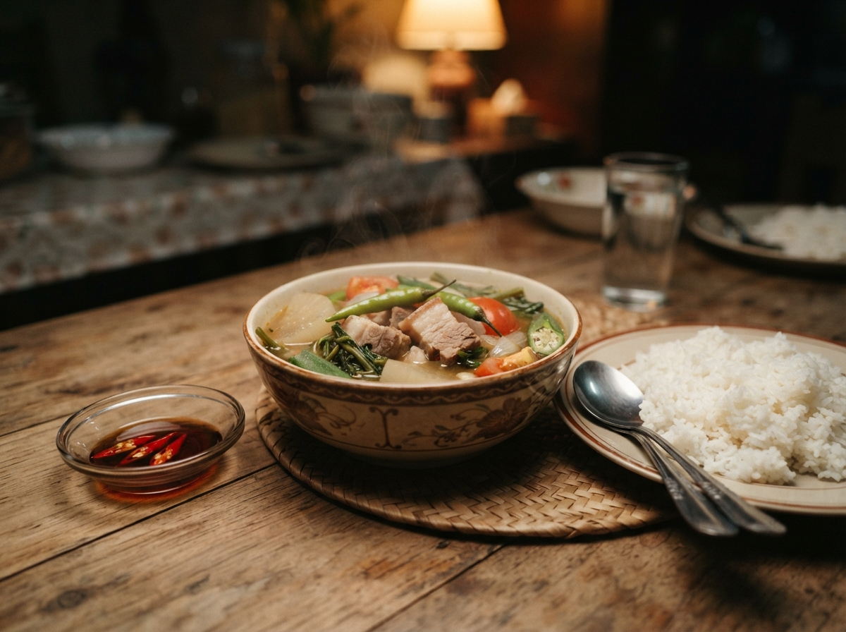 Pork sinigang with rice.
