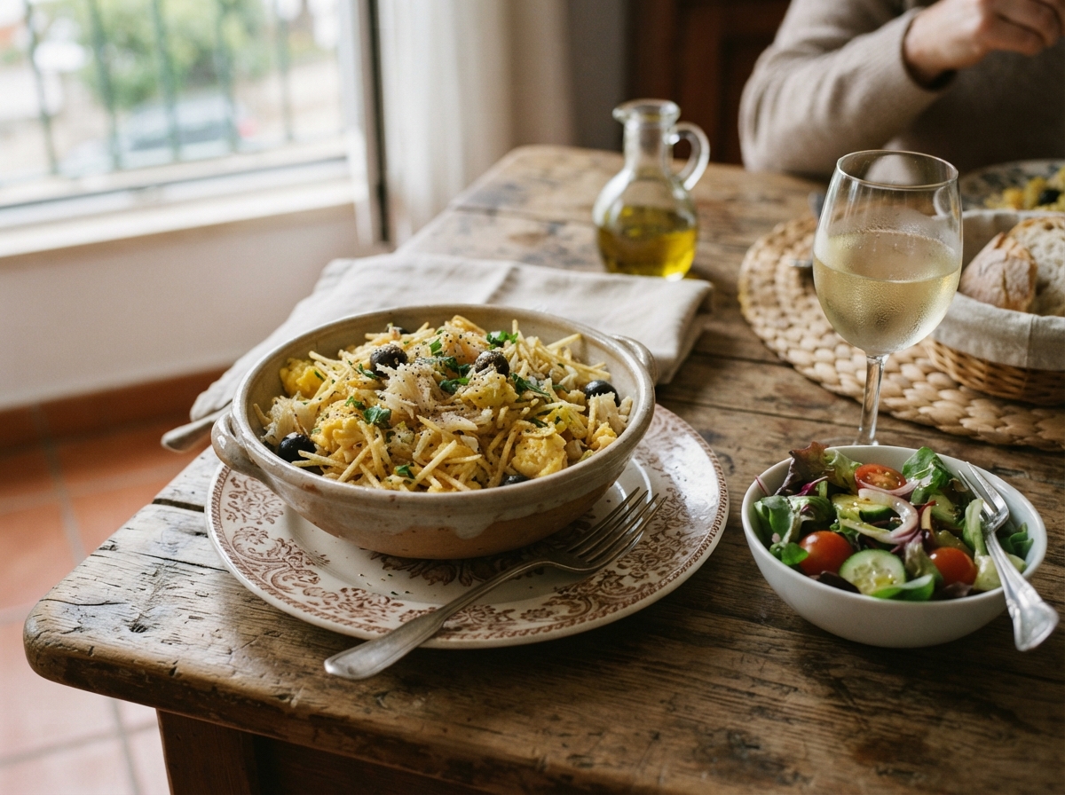 Bacalhau à Brás with olives and salad.