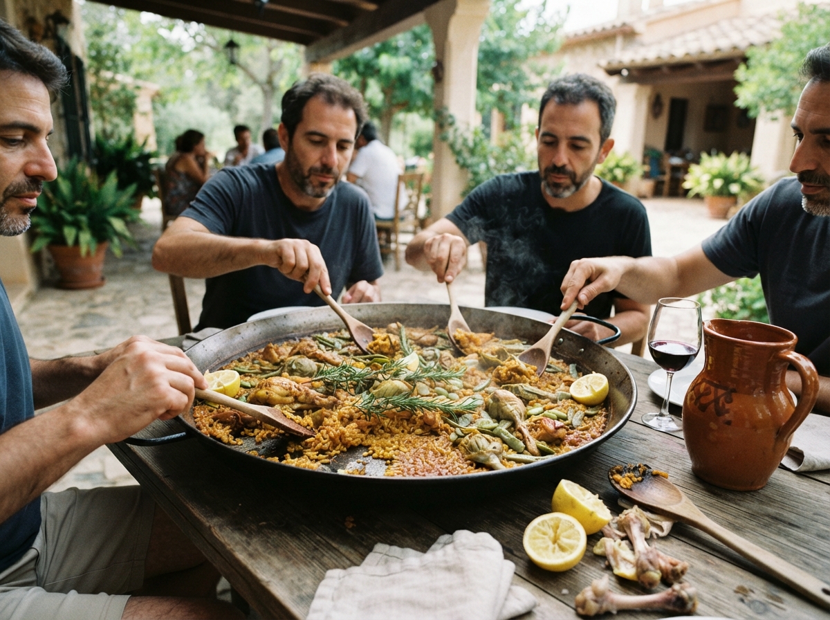 Paella Valenciana in the pan with lemon.