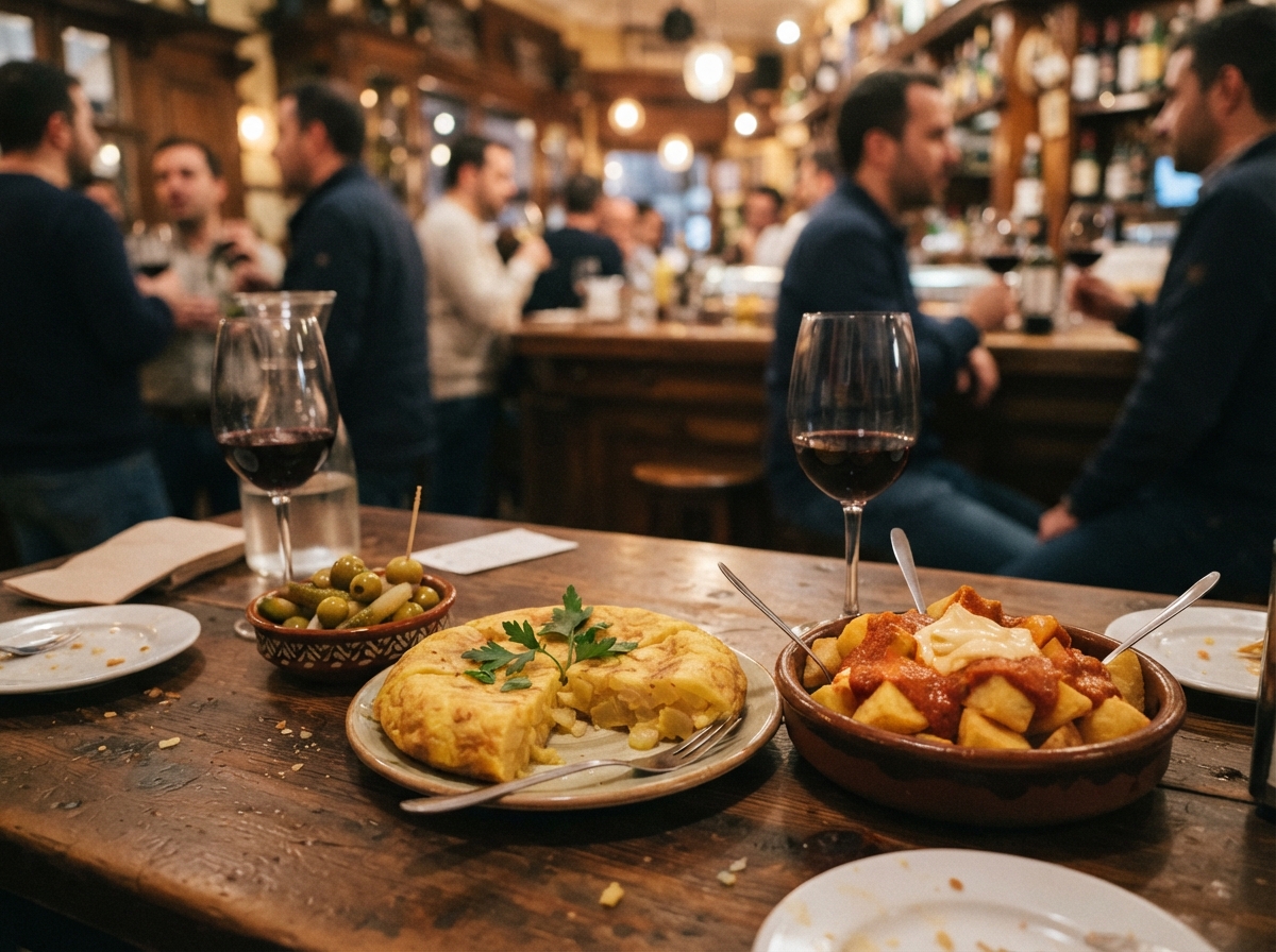 Tortilla Española and patatas bravas on a tapas table.