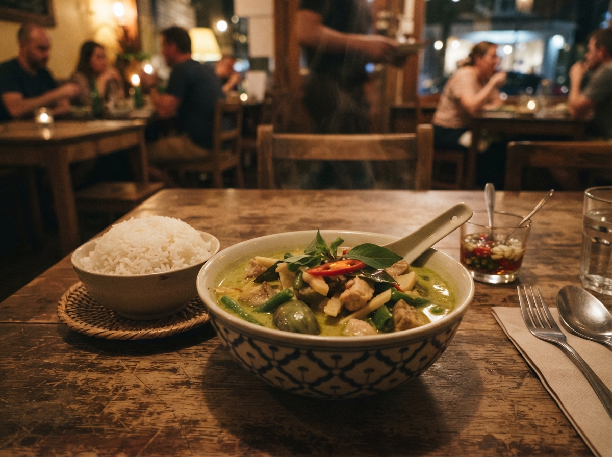 Green curry with jasmine rice.