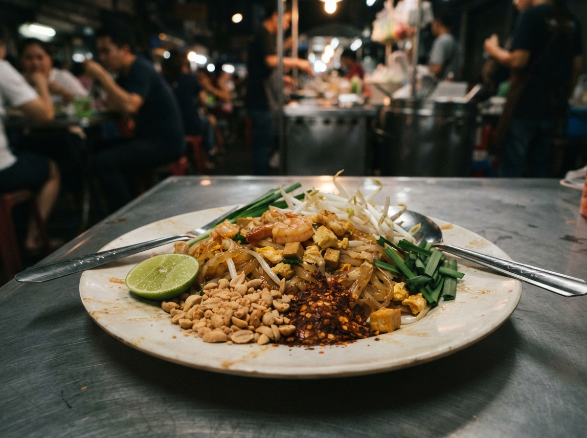 Pad Thai with lime and peanuts.
