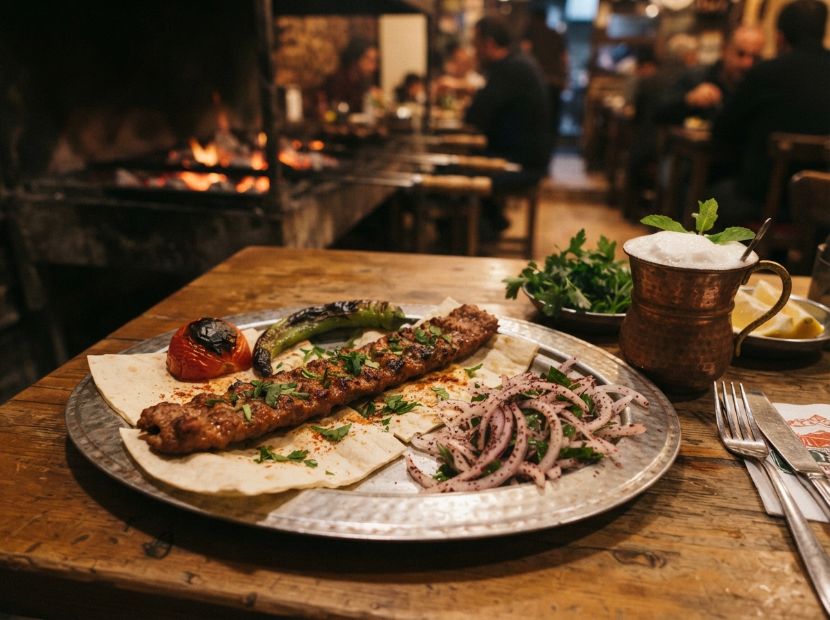 Adana kebap with lavaş and ayran.