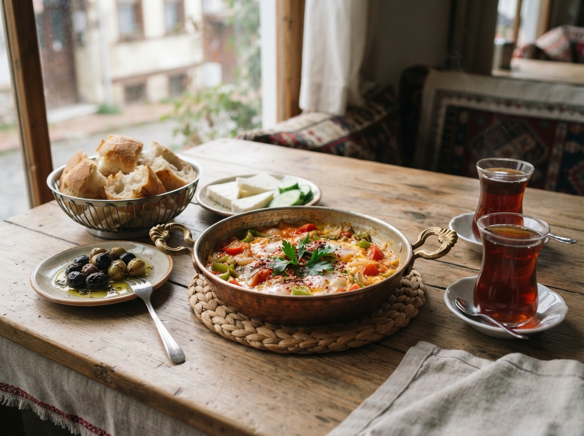 Menemen with bread and tea.